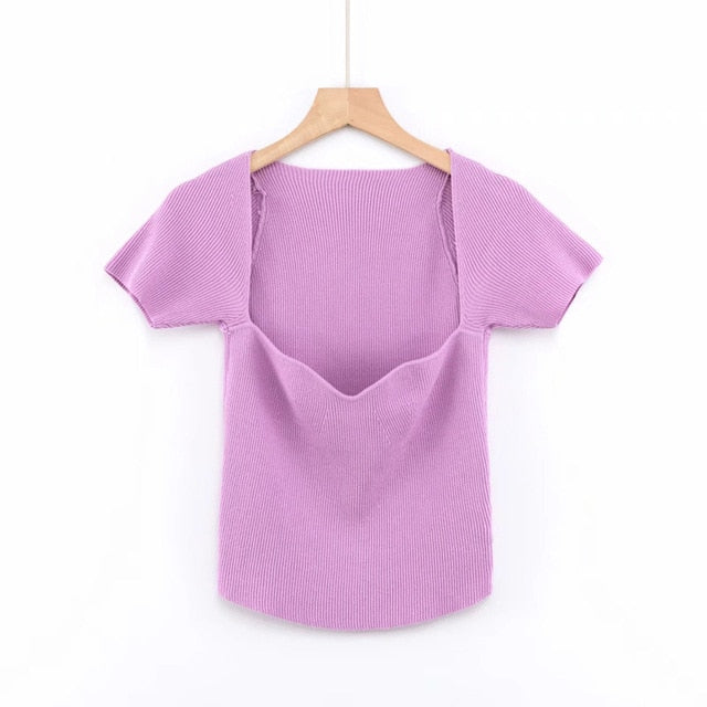 Women Knitted Top Purple Short T Shirt