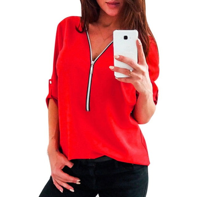 Zipper Short Sleeve Women Shirts