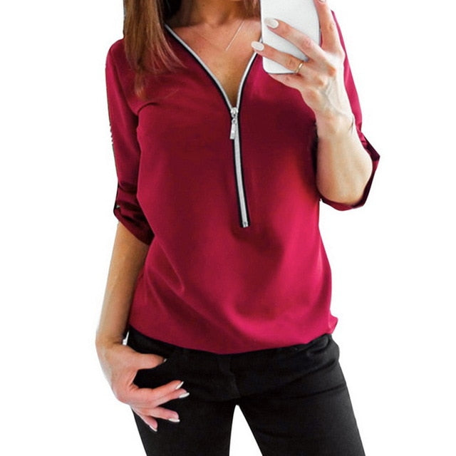 Zipper Short Sleeve Women Shirts