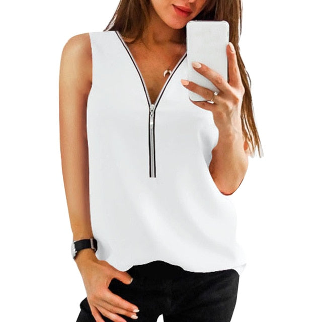 Zipper Short Sleeve Women Shirts