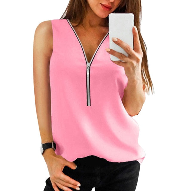Zipper Short Sleeve Women Shirts
