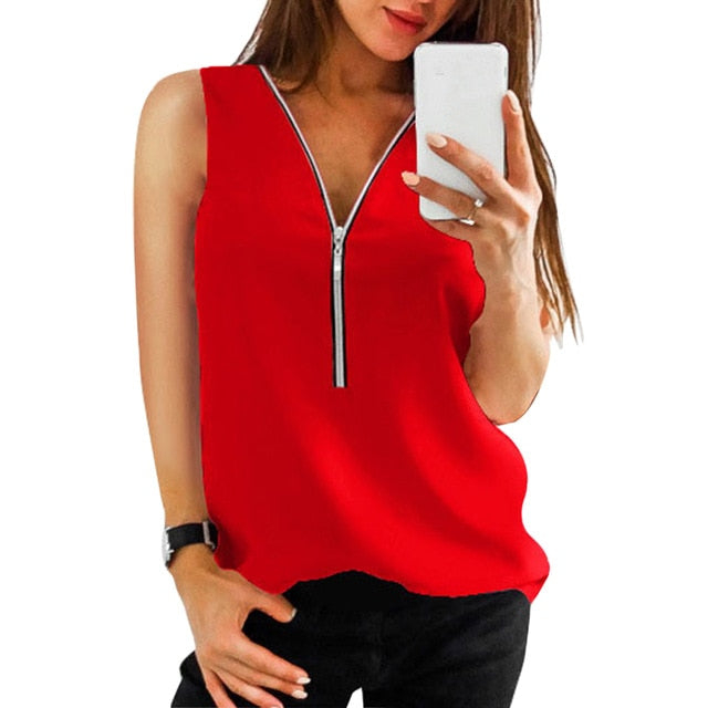 Zipper Short Sleeve Women Shirts