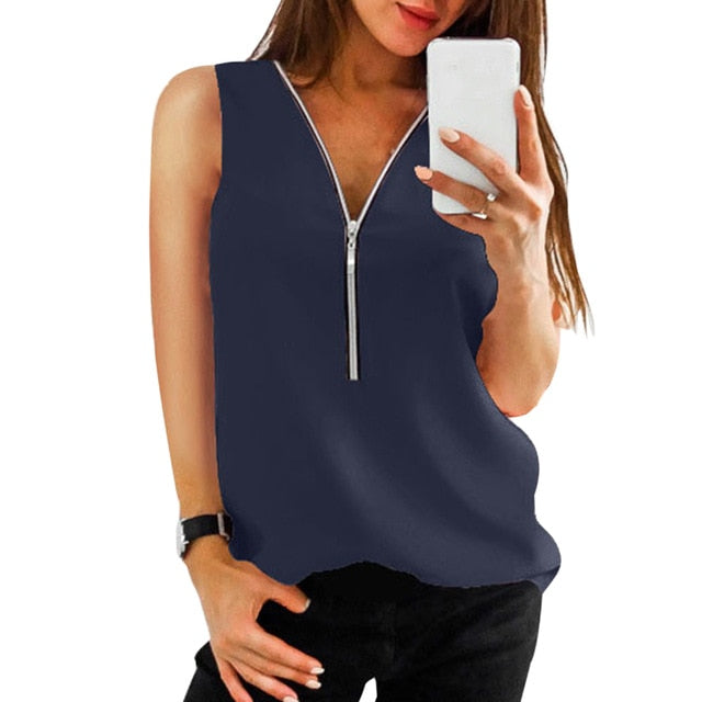Zipper Short Sleeve Women Shirts