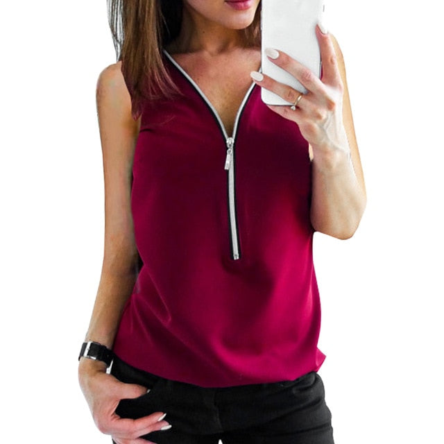 Zipper Short Sleeve Women Shirts