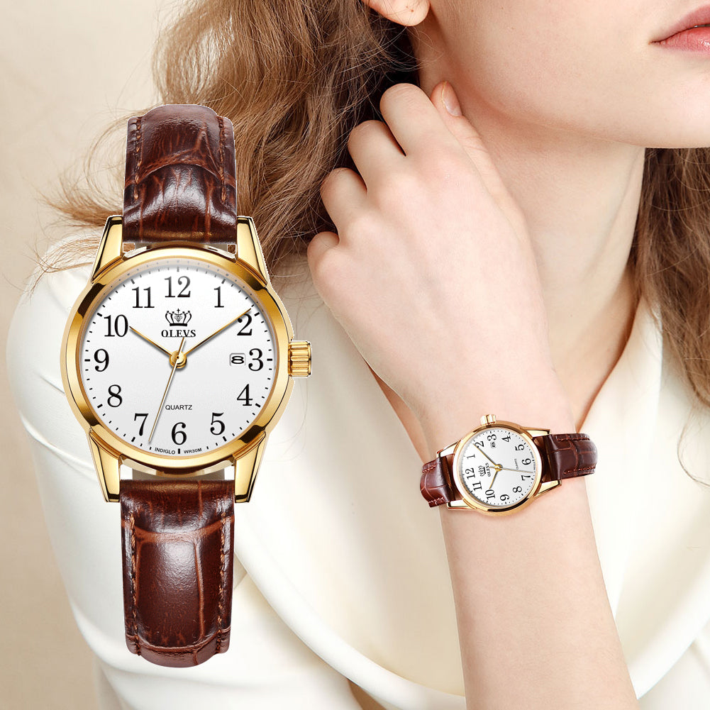 Genuine Brown Leather Waterproof Wristwatch for Lady
