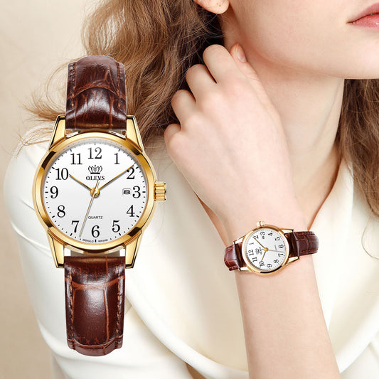 Genuine Brown Leather Waterproof Wristwatch for Lady