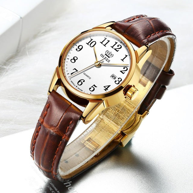 Genuine Brown Leather Waterproof Wristwatch for Lady