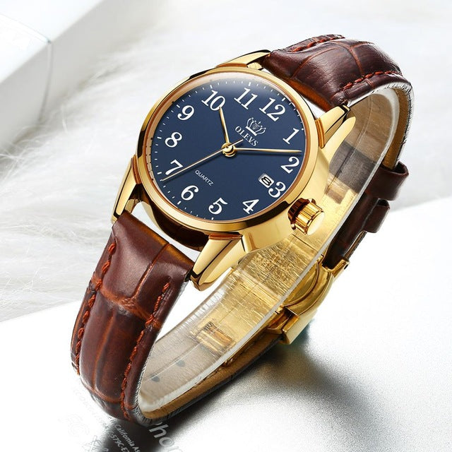 Genuine Brown Leather Waterproof Wristwatch for Lady