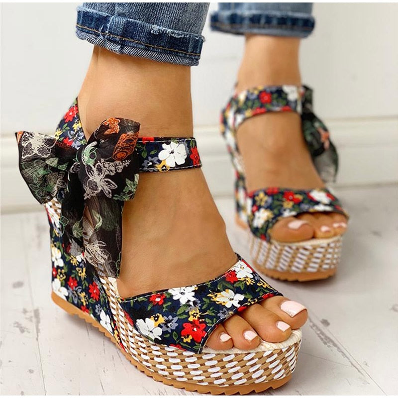 Women Boho Floral Wedge Sandals