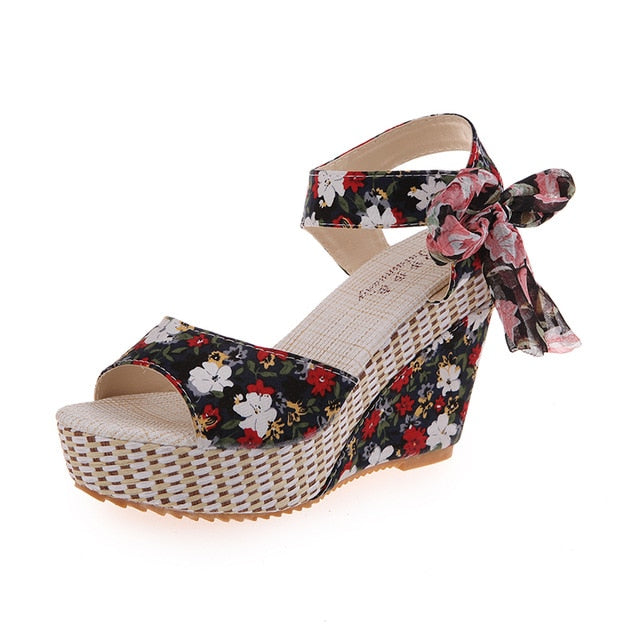 Women Boho Floral Wedge Sandals