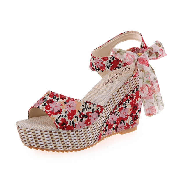 Women Boho Floral Wedge Sandals